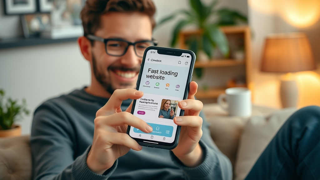 mobile phone displaying fast-loading website with a satisfied user navigating quickly