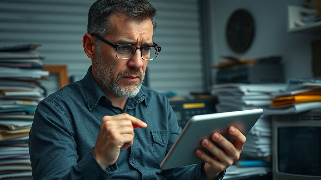 frustrated small business owner staring at slow-loading mobile website on tablet