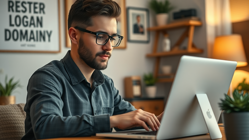 motivated entrepreneur registering business website domain online, home office setting, small business web design process