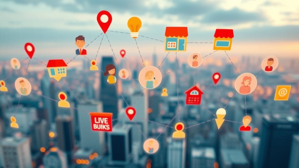 network of local business icons for local citation, backlinks, website optimization for local businesses, collaborative chain, cityscape, cartoon style