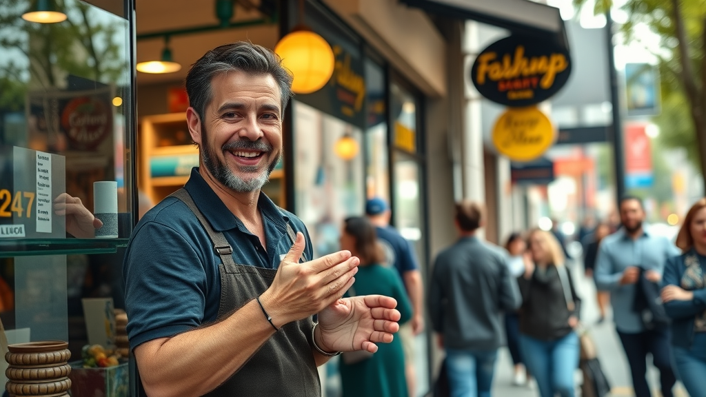inviting local storefront for local business web design, smiling business owner, welcoming customers inside, bustling city street background, vibrant colors
