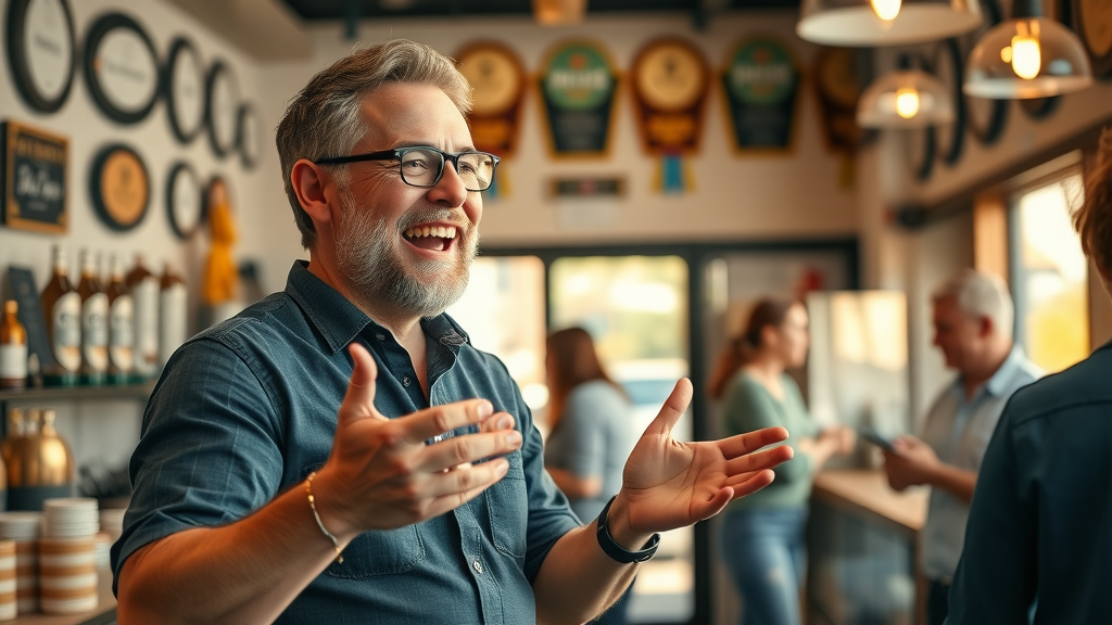Inspired local business owner sharing success story inside lively shop, confident and joyful, awards on wall, happy customers