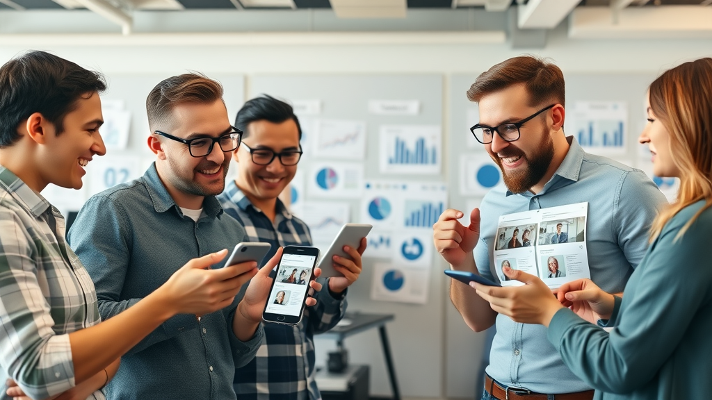 web developer team collaborating reviewing website layouts on mobile devices