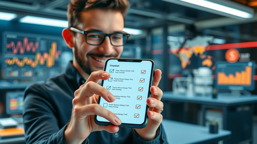 digital checklist on modern smartphone screen with marketing manager checking off tasks