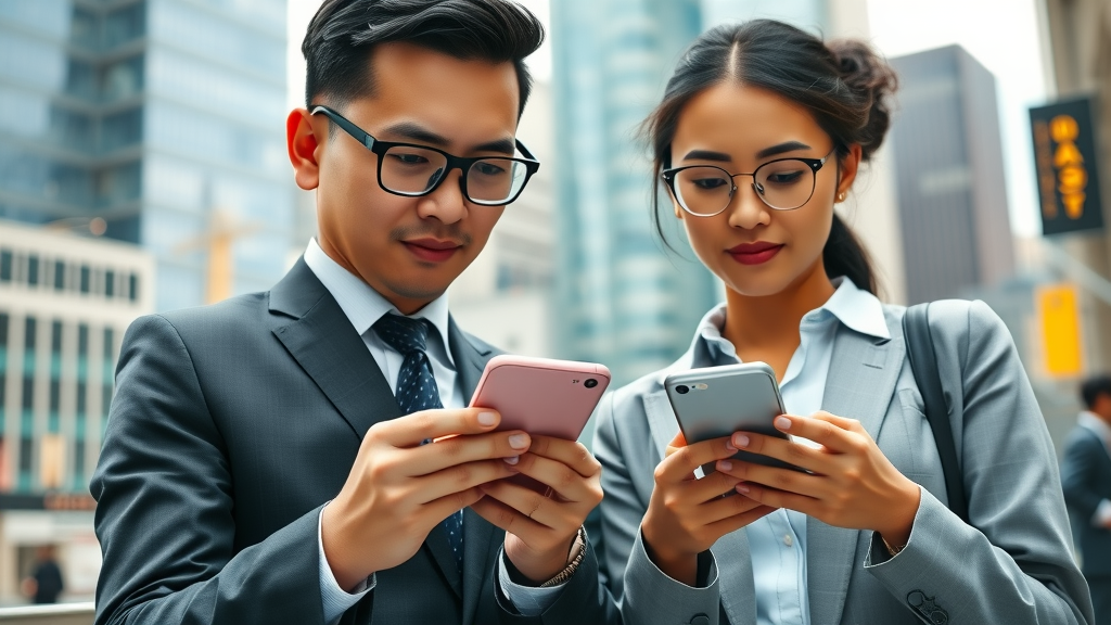 modern global business professionals focused on smartphones interacting with a mobile-friendly website in a city environment