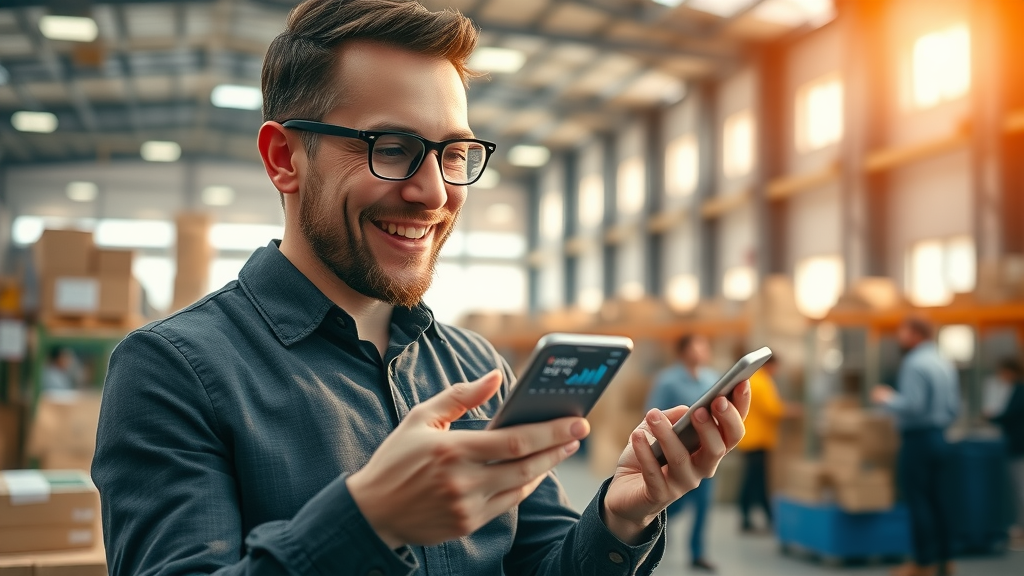 e-commerce manager observing rising analytics and sales charts on smartphone after mobile web design transformation