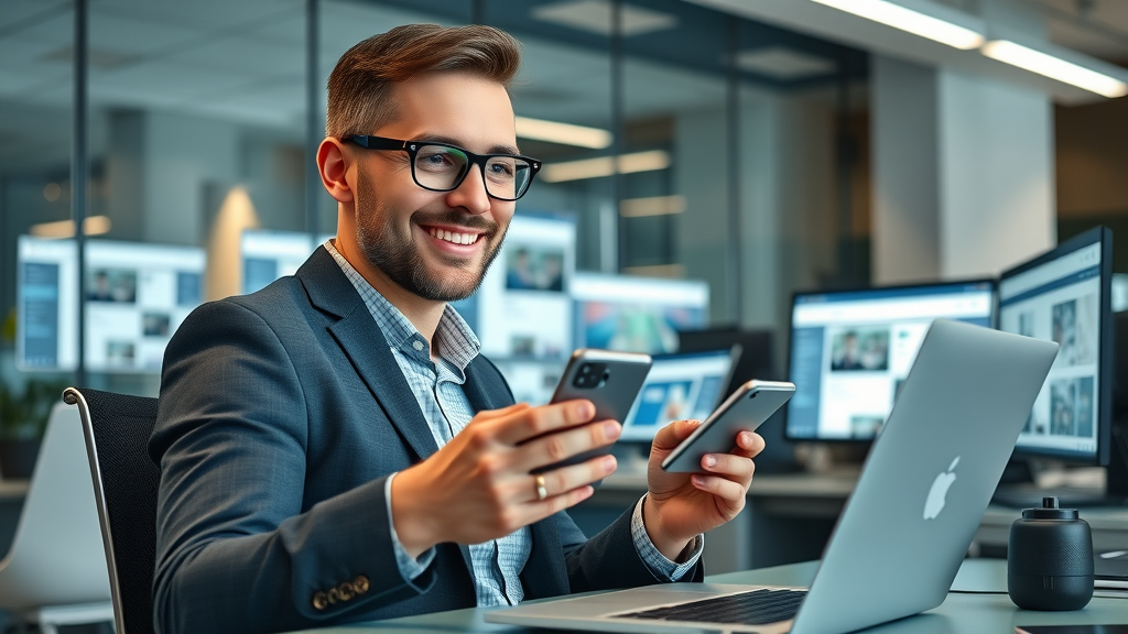 Modern digital workspace with business owner managing local business online presence across laptop, smartphone, and tablet with social media and website screens