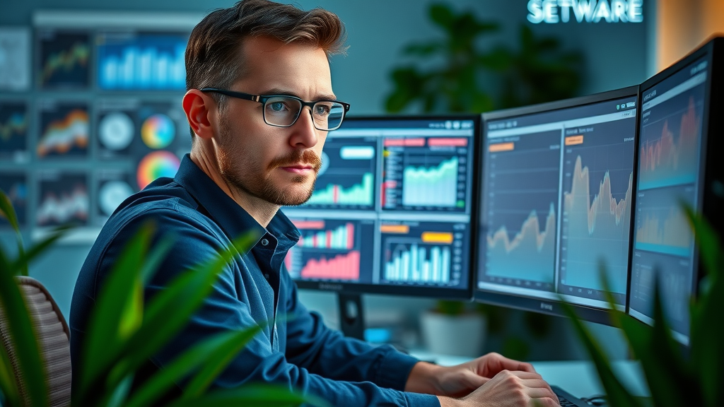 digital marketer analyzing SEO data on dual monitors | business web analytics