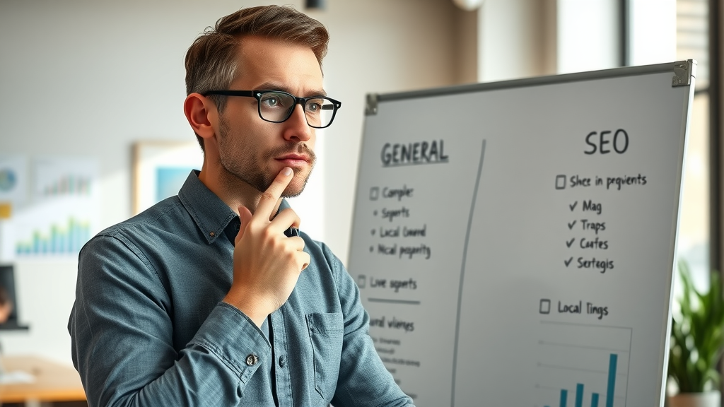 Professional comparing general SEO and local SEO strategies for local ranking on a whiteboard