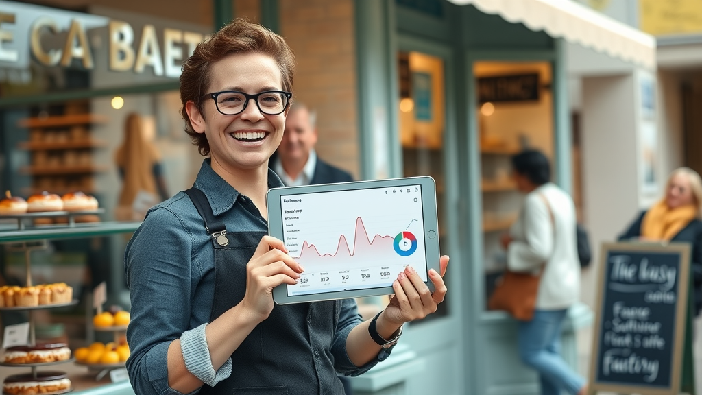 joyful bakery owner with digital analytics, showing success of business website and web design service
