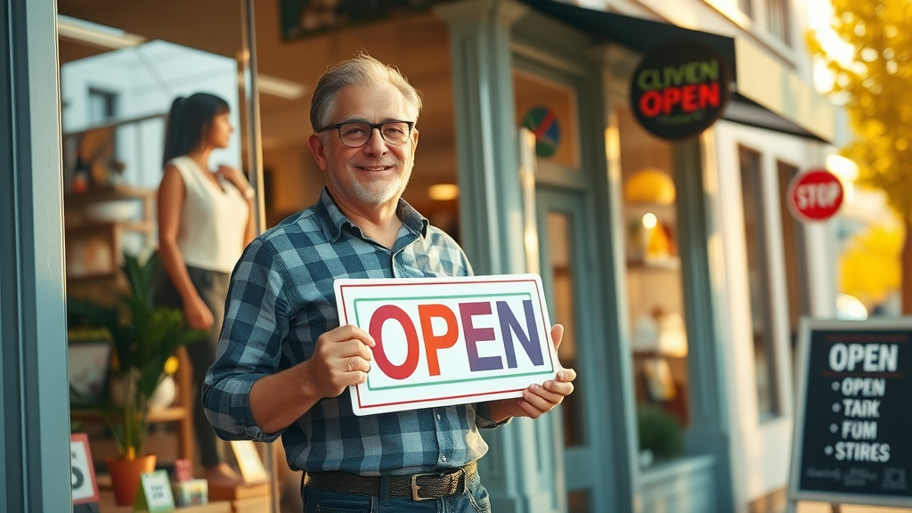 successful shop owner standing proudly at optimized local business storefront, delighted, website optimization for local businesses, golden hour sunlight