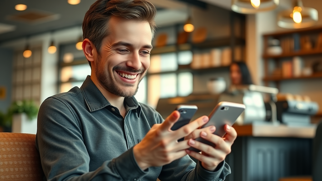 Customer leaving positive review for local business on mobile device