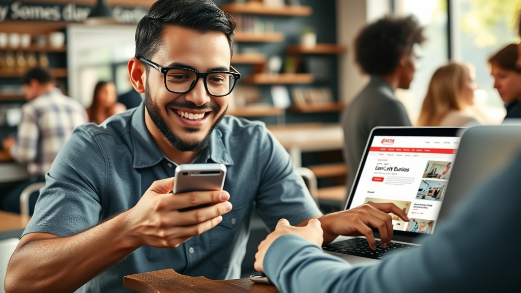 Responsive local business website displayed on smartphone and laptop screens, happy user in a coffee shop setting