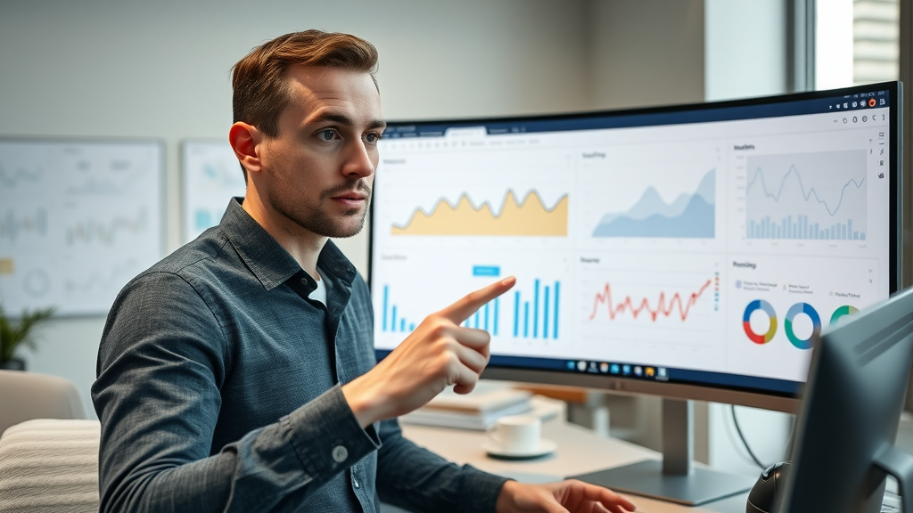 Professional reviewing UX website analytics on a modern dashboard display for local business evaluation