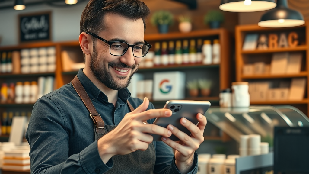 business owner updating Google Business Profile for website optimization for local businesses, smartphone, shop counter, touch interaction, highly detailed