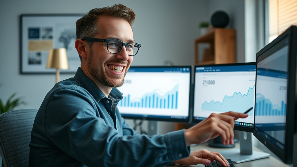 before and after small business website transformation for sales growth, happy business owner analyzing web design service impact with website analytics