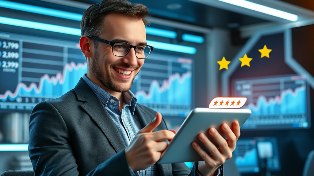 confident professional reviewing Google My Business on tablet, advanced local business web design, reviews management