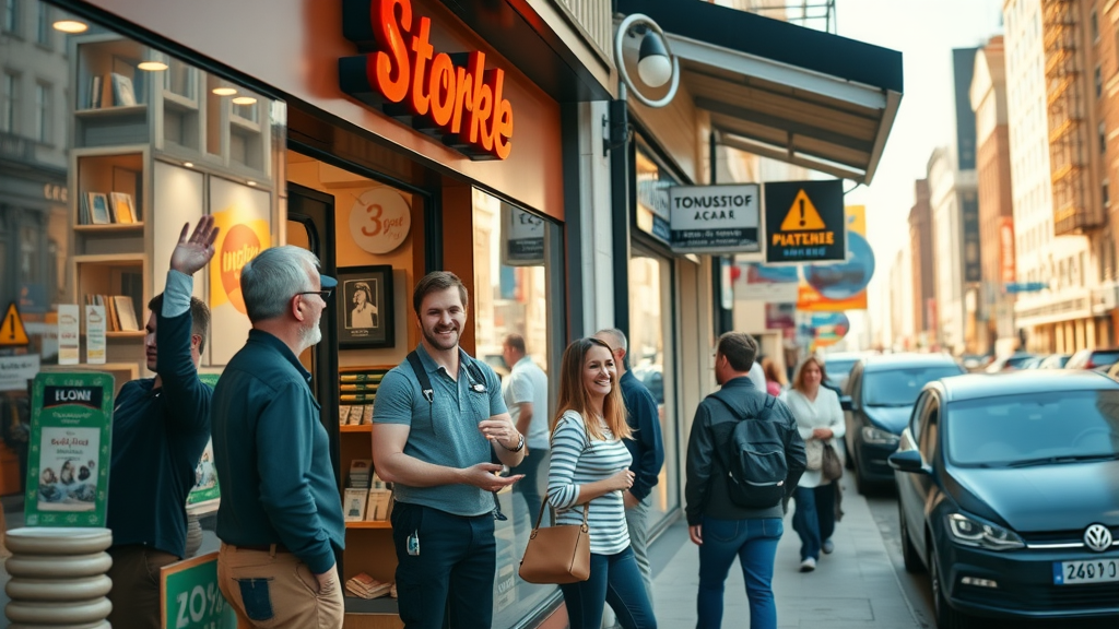 Local business online presence showcased by a vibrant small business storefront, friendly staff greeting customers, engaging with people on a bustling city street, digital signs and screens visible