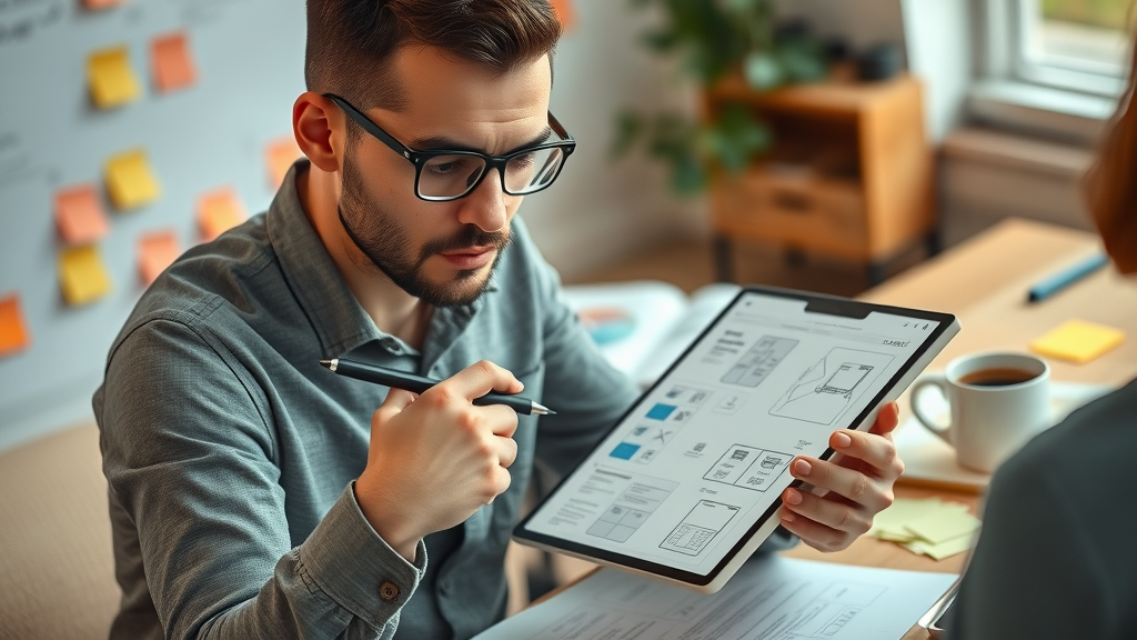 Innovative designer sketching UX layouts for a small business website on a digital tablet