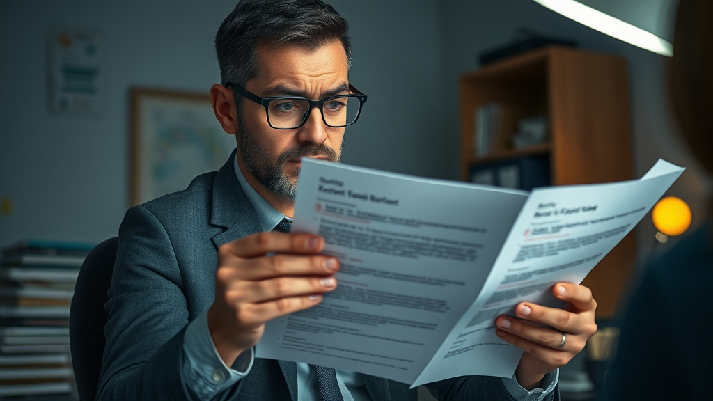 frustrated business manager analyzing website optimization errors, website optimization for local businesses, concerned, error report, dimly lit office