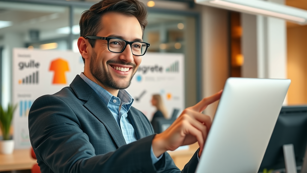 Engaging user experience in a local business website interface, showcasing a smiling owner and modern web design elements