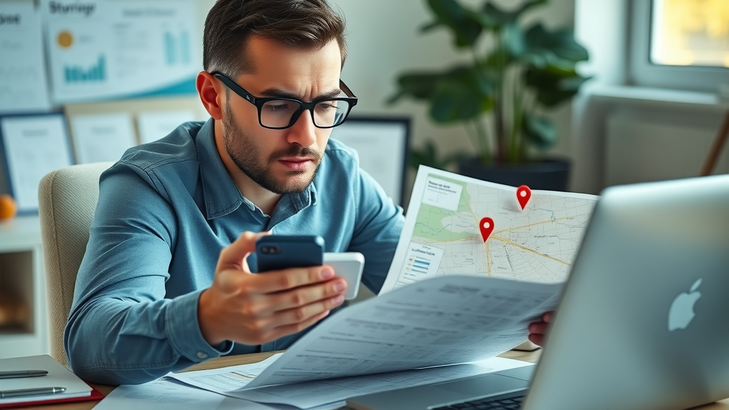 Business manager reviewing and correcting inaccurate map listings for local business