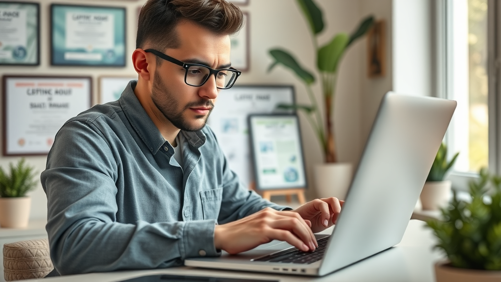 Entrepreneur optimizing local business listing on laptop for improved online presence, cozy workspace with business certificates