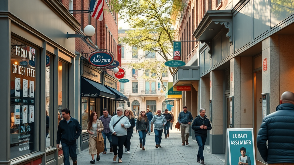 vibrant main street with diverse small businesses, website optimization for local businesses, bustling urban sidewalk, welcoming local shops, highly detailed, natural daylight