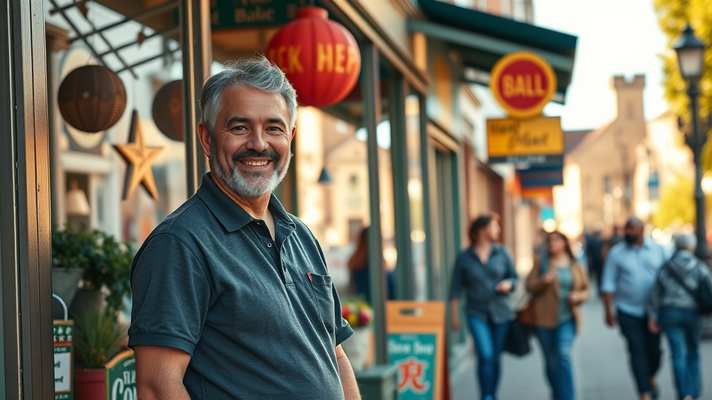 Small business storefront with owner welcoming customers vibrant local seo for local business websites