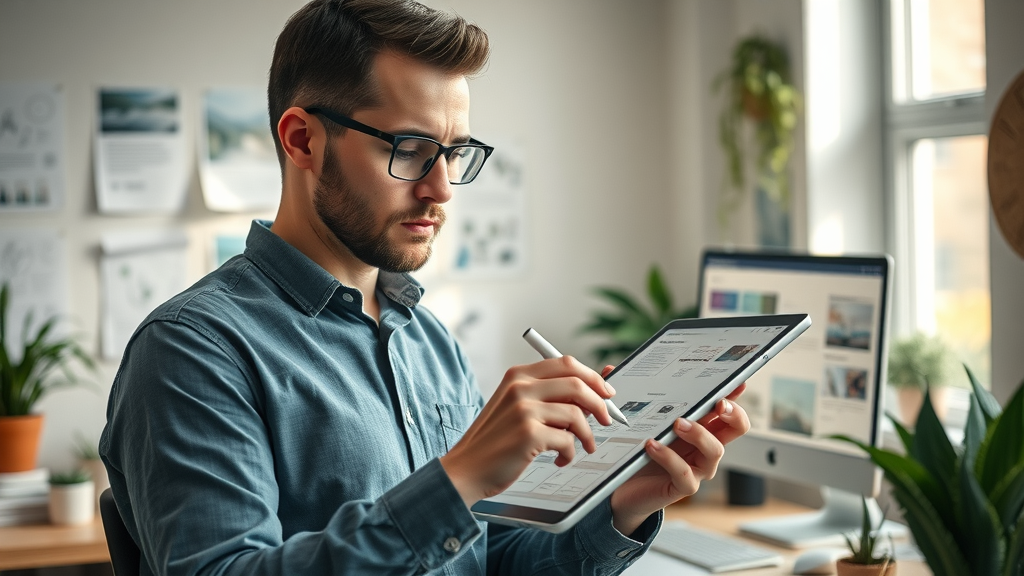 professional UX/UI designer sketching mobile-friendly web layouts on tablet