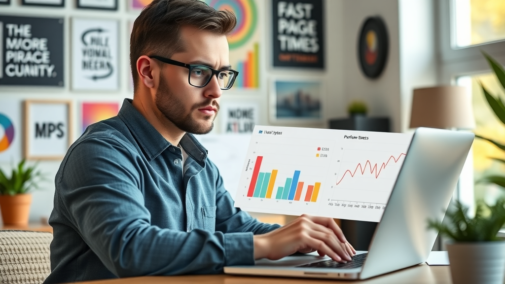 Business owner monitoring fast page load times on a website performance dashboard in a home office
