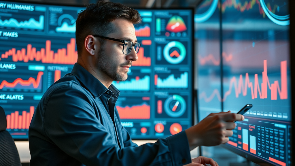 Analytical marketer reviewing online presence metrics, large high-tech digital dashboard with KPIs for small business