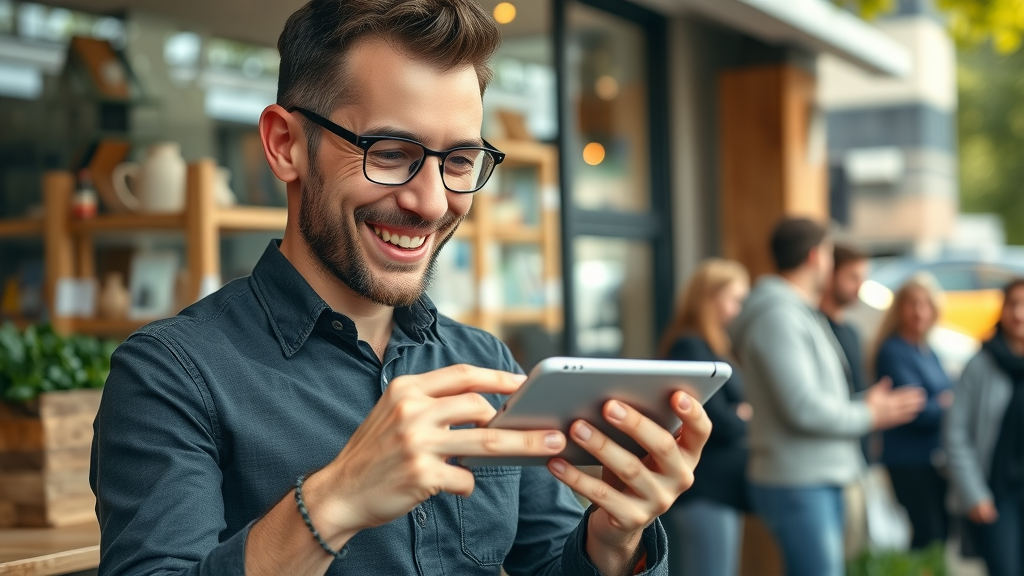 Friendly local business owner using a modern smartphone to review a mobile-friendly local business website interface in a cozy storefront