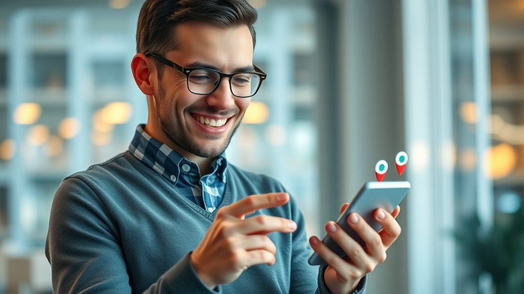 Satisfied customer searching for local businesses in a trustworthy digital directory, map with pins, boosting online presence