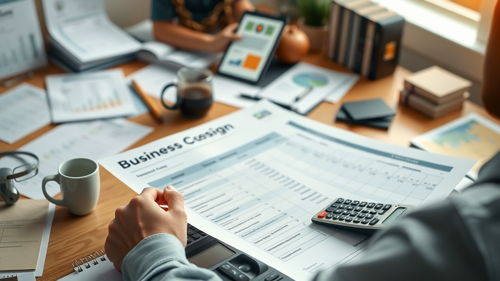 business owner analyzing business website design costs with spread of quotations and calculators