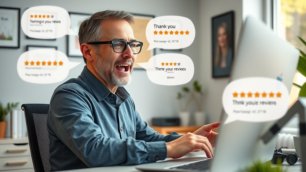 Business owner skillfully responding to positive and negative online reviews, managing reputation for a strong local business online presence