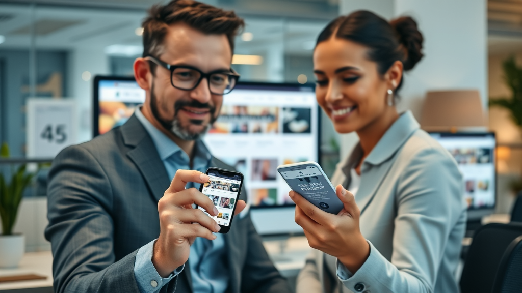 Branding consultant comparing business website design on desktop and smartphone, ensuring consistent branding across mobile-friendly local business websites