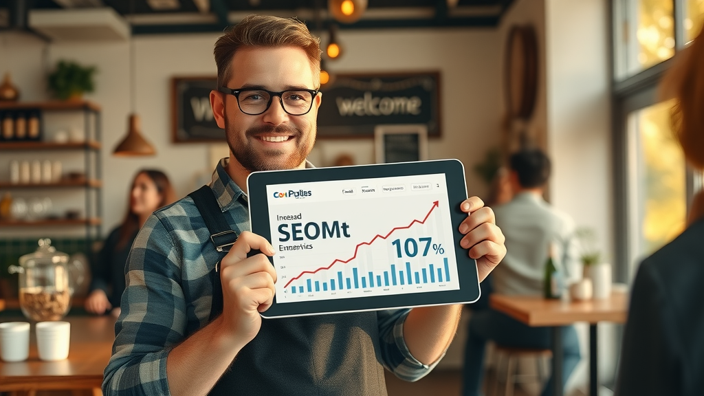 Café owner celebrating increased local SEO results with improved business profile
