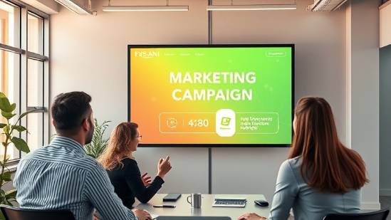 Dynamic marketing campaign presentation in a modern office with engaging visuals.