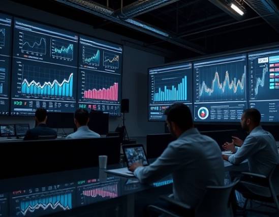 innovative marketing campaign, impactful, reviewing campaign analytics on large screens, photorealistic, analytical center with data visualization tools, highly detailed, analytical visualization elements, impeccable detail, sleek monochromes, cool LED lighting, shot with a 135mm lens.