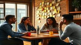 creative marketing innovation, imaginative expression, brainstorming with sticky notes, photorealistic, cozy cafe with wooden tables, highly detailed, dynamic interaction among diverse team, f/2.8, warm tones, morning sunlight, shot with a 50mm lens