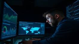 insightful marketing analytics, focused expression, analyzing data on a screen, photorealistic, dark room with multiple monitors, highly detailed, graphs and numbers in motion, 1/125s shutter speed, cool colors, dim lighting, shot with a 85mm lens