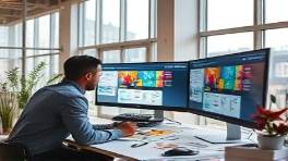 artistic marketing design, inspired expression, sketching ideas with a digital pen, photorealistic, open studio with large windows, highly detailed, vibrant design elements on monitors, RGB color profile, colorful palette, soft ambient lighting, shot with a 28mm lens