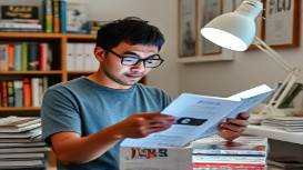 trendy marketing trends, curious expression, browsing latest articles on a tablet, photorealistic, small study with books on trends, highly detailed, various magazines scattered, 100 ISO, pastel colors, desk lamp lighting, shot with a 24mm lens