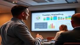 visionary marketing strategy, determined expression, directing a team presentation, photorealistic, conference room with a large screen, highly detailed, animated graphics projected, f/4, earthy tones, artificial overhead lighting, shot with a 70mm lens