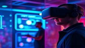 futuristic marketing innovation, innovative expression, discussing virtual reality applications, photorealistic, tech lab with VR headsets, highly detailed, holographic displays in action, 1/60s exposure, neon colors, bright LED lighting, shot with a 21mm lens