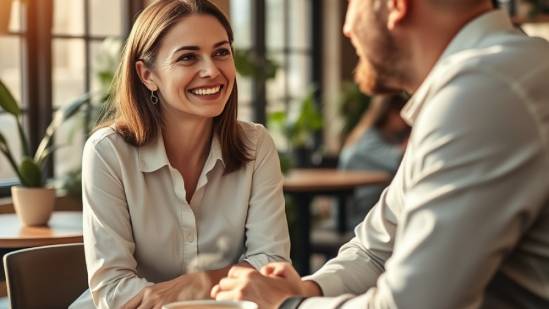 Smiling female business client in cozy café, explaining concepts with warmth.